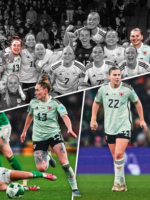 A collaged image of Rachel Rowe and Alice Griffiths in Wales action. The top image shows a team photo celebrating their Euro 2025 qualification, with the other Welsh players in greyscale whilst Rachel and Alice are in full colour. Underneath, separated by white lines, is a photo of Rachel in possession and Alice looking focused, wearing a light green Wales away kit with black shorts.