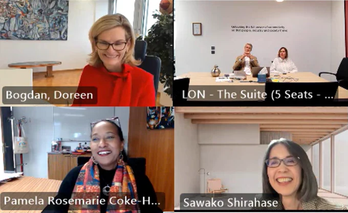 screenshot from my virtual call with Equals principals - heads of GSMA, International Trade Centre, and UN University