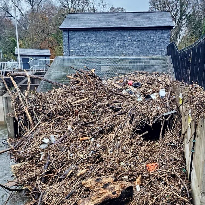 Debris collected around the turbines of the hydro scheme.