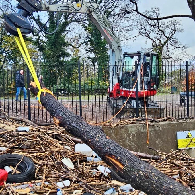 A digger lifting a large tree from the area near the turbines.