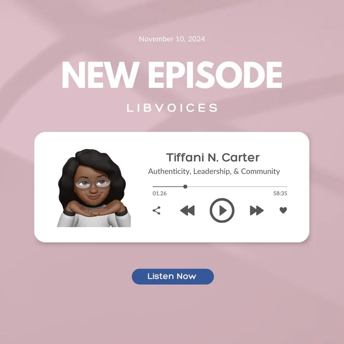 text reads November 10, 2024 new episode listen now
image of Tiffani N. Carter is in the middle next to a share, fast forward, play, rewind, and like icons over a yellow background, and text reads Tiffani N. Carter who spoke about authenticity, leadership, and community.