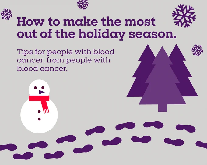 Graphic titled 'How to make the most out of the holiday season' with tips for people with blood cancer, from people with blood cancer. The graphic features a stylized snowman and trees with snowflake decorations and footprints in the snow.