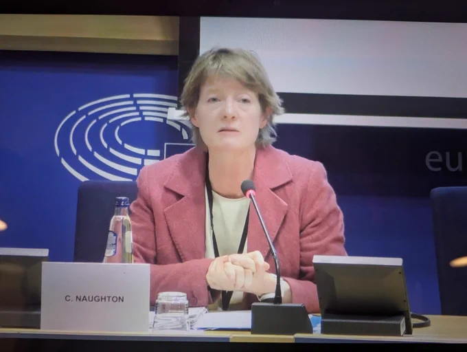 Catherine Naughton in front of a mic at the European Parliament