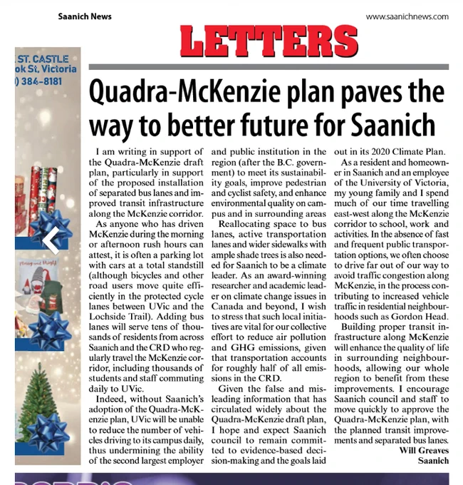 Image of letter to editor titled "Quadra-McKenzie plan paves the way for better future for Saanich" Read by clicking link in tweet.