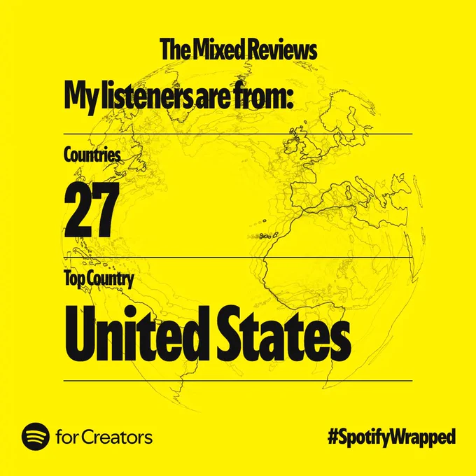 Spotify wrapped stat saying we had listeners from 27 countries, and our top country was The United States!