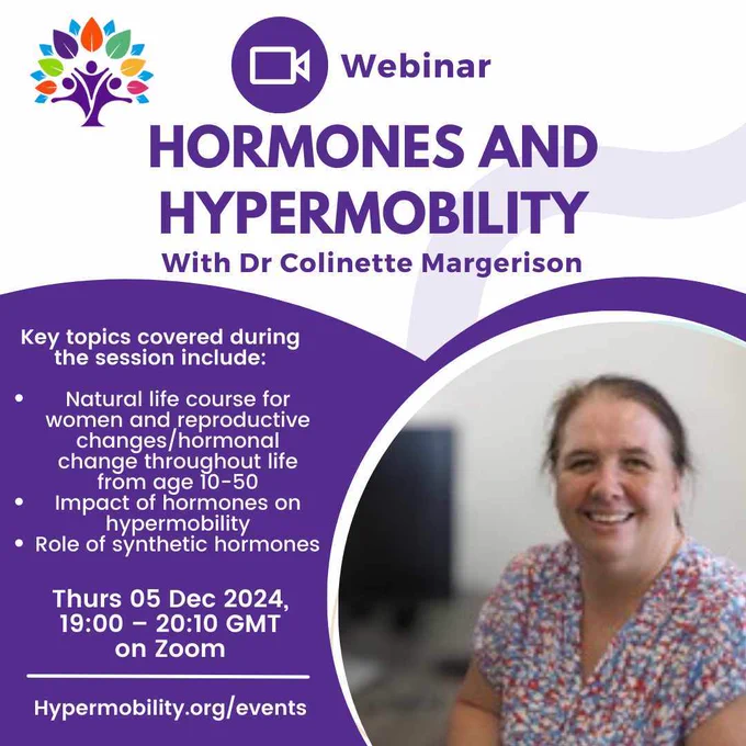 The image is an informational graphic from the Hypermobility Syndromes Association. It highlights the benefits of relaxation, listing the following points:

Reduces pain & muscle tension

Reduces inflammation

Reduces stress hormone activity

Improves digestion

The graphic includes the website "hypermobility.org" and features an illustration of a person wrapped in a blanket, suggesting comfort and relaxation. The design includes purple and colorful elements, making it visually appealing.