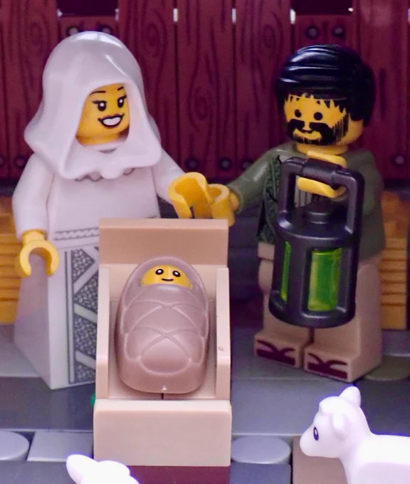 Close up of Lego Mary, Joseph and baby Jesus