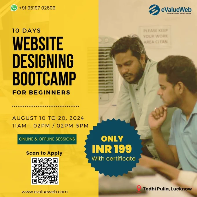 Why Choose Our Bootcamp?

✅ 𝐄𝐱𝐩𝐞𝐫𝐭 𝐈𝐧𝐬𝐭𝐫𝐮𝐜𝐭𝐨𝐫𝐬
✅ 𝐇𝐚𝐧𝐝𝐬-𝐎𝐧 𝐄𝐱𝐩𝐞𝐫𝐢𝐞𝐧𝐜𝐞
✅ 𝐍𝐞𝐭𝐰𝐨𝐫𝐤𝐢𝐧𝐠 𝐎𝐩𝐩𝐨𝐫𝐭𝐮𝐧𝐢𝐭𝐢𝐞𝐬
✅ 𝐅𝐥𝐞𝐱𝐢𝐛𝐥𝐞 𝐒𝐜𝐡𝐞𝐝𝐮𝐥𝐞

📅 Dates: 10 to 20 December'2024
📍 Location: Tedhi Pulia, Lucknow
📞 91 95197 02609

#bootcamp #training #lucknow #cs #evalueweb #btech #bca #internship #JoinToday  #lucknow #designing #WebDesign #websitedesign 