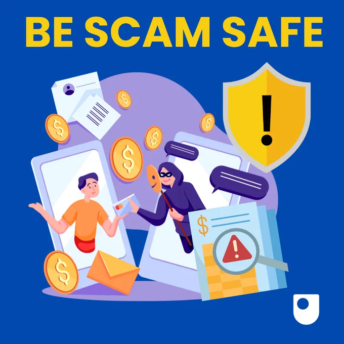 Colourful graphic to promote a series of OU-BBC short films for Scam Safe Week. It features a scammer in a black mask trying to steal someone's identity. 