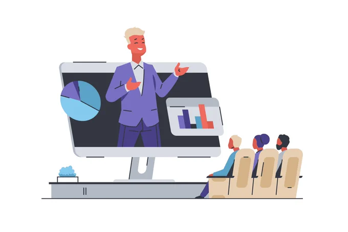 Graphic depicting a man popping out from a monitor as he delivers a presentation to a small group.