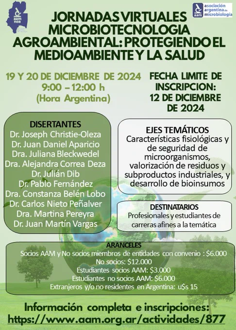 Nos complace invitarlos a las Jornadas Virtuales de Microbiotecnología Agroambiental: Protegiendo el Medio Ambiente y la Salud. Contaremos con disertantes expertos en características fisiológicas y de seguridad de microorganismos, valorización de residuos y subproductos industriales, y desarrollo de bioinsumos.

