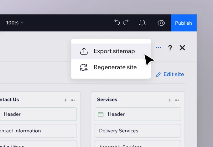 Cursor selecting "Export sitemap" within the visual sitemap generator tool.