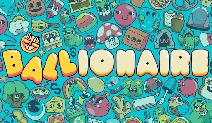 Ballionaire official key art. The background is made up of funny cartoon characters almost in a sticker bomb style, centring around the game title