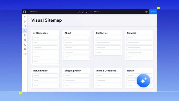 A screenshot of the visual sitemap and wireframe generator tool, with an icon representing generative AI overlaid.