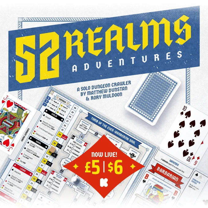 A tilted banner reads '52 Realms Adventures' in a blackletter font. Underneath is a gamesheet showing a dungeon layout surrounded by playing cards. Subtitle reads 'A solo dungeon crawler by Matthew Dunstan and Rory Muldoon. A red flash displays the text 'now live! £5 / $6'