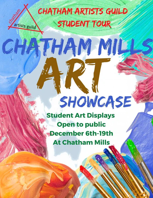 Flyer for Chatham Mills Art Showcase featuring multicolored paint brushs and strokes