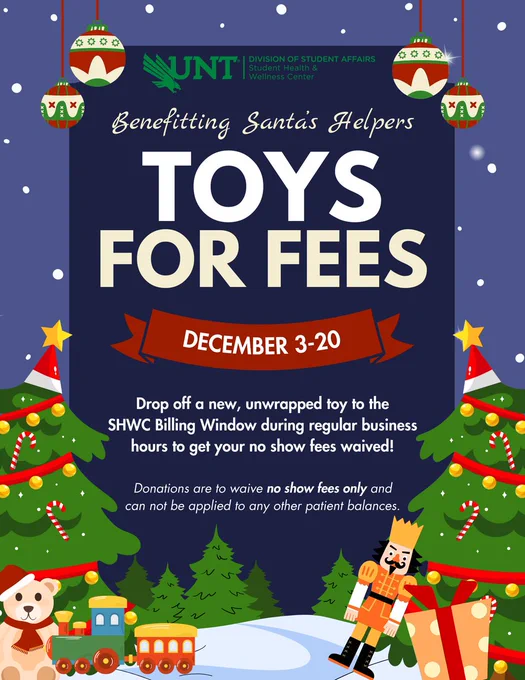 Drop off a new, unwrapped toy to the
SHWC Billing Window during regular business hours to get your no show fees waived!
Donations are to waive no show fees only and can not be applied to any other patient balances.