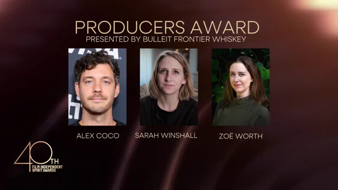 PRODUCERS AWARD presented by Bulleit Frontier Whiskey headline with three images of: Alex Coco (man with mustache), Sarah Winshall (woman with blonde shoulder-length hair) and Zoě Worth (woman with brown shoulder-length hair).