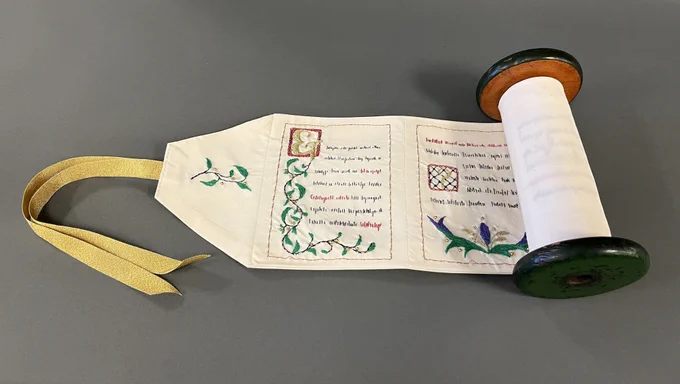 A traditional scroll with text and decorative illustrations embroidered on fabric, rolled up on one side around a wooden spindle with a green top. A ribbon lies partially unfurled along the table.