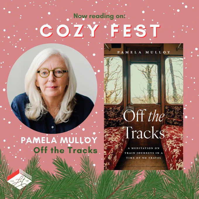 A graphic with the text: "Now Reading on Cozy Fest: Pamela Mulloy, Off the Tracks" featuring the cover of the book and an inset photo of the author.