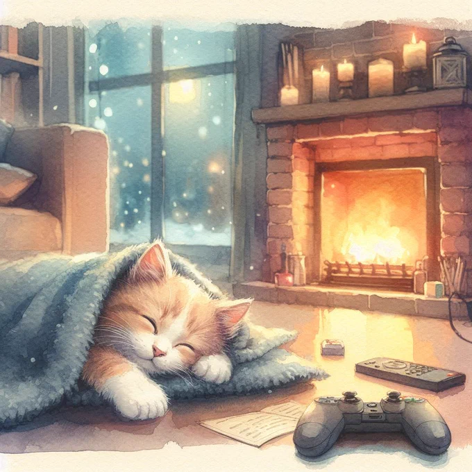 暖炉の火が照らすリビングで、毛布にくるまって眠る子猫。