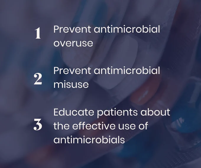 1. Prevent antimicrobial overuse 2. Prevent antimicrobial misuse 3. Educate patients about the effective use of antimicrobials