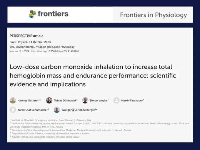 This image shows details about the article linked in the post in light text boxes on a dark blue background. The article was published in the journal Frontiers in Physiology, and the title of the article is "Low-dose carbon monoxide inhalation to increase total hemoglobin mass and endurance performance: scientific evidence and implications". 