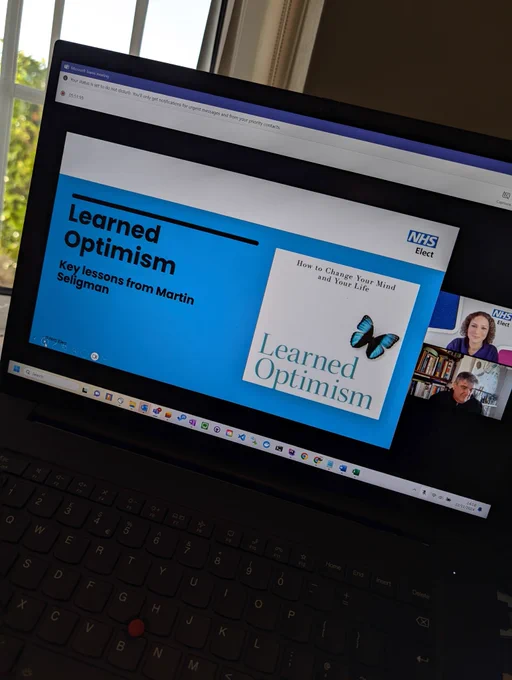 Presentation inside Microsoft Team's with the presenters Sally and Jim on the right and slide on the left that says:

Learned Optimism.
Key lessons from Martin Seligman.