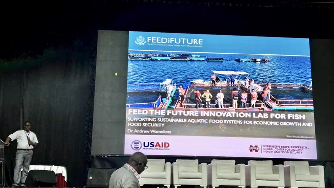 Andrew Wamukota presenting at Aquaculture Africa 2024 about the Fish Innovation Lab.