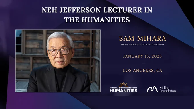 Photo of NEH Jefferson Lecturer Sam Mihara with a dark blue and purple geometric background.