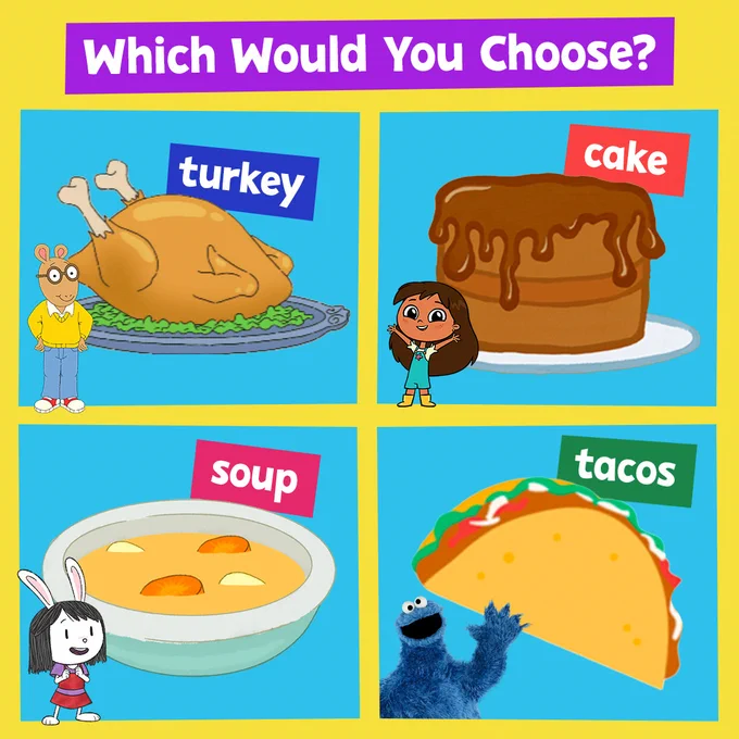 Illustration showing a selection of foods with PBS KIDS cartoon characters: a turkey with Arthur, a cake with Rosie, a bowl of soup with Elinor, and tacos with Cookie Monster. Each food item is labeled with its name in bold text.