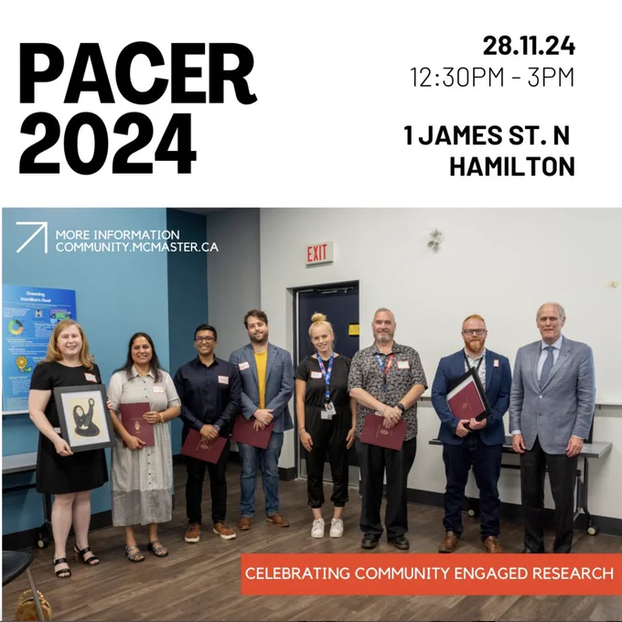 
A flyer that reads: PACER 2024. 28.11.24 | 12:30pm-3pm. 1 James St N, Hamilton. Celebrating Community Engaged Research. For more information, visit community.mcmaster.ca

