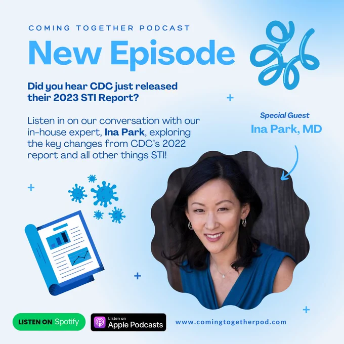 Graphic Image with text saying Coming Together Podcast. New Episode. Did you hear CDC just released their 2023 STI report? Listen in on our conversation with out in-house expert, Ina Park, exploring the key changes from CDC's 2022 report and all things STI! Listen on Spotify. Listen on Apple Podcasts. www.comingtogetherpod.com.