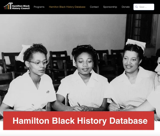 Screenshot from the Hamilton Black History Database website which depicts several women sitting around a table