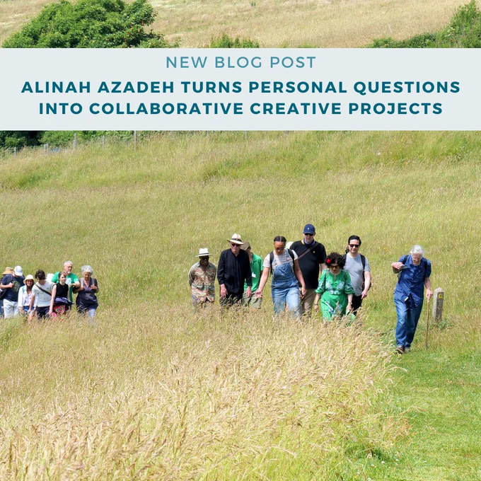 Group of people walking through a grassy field. 

A light blue title at the top of the image reads: New Blog Post: Alinah Azadeh turns personal questions into collaborative creative projects. 