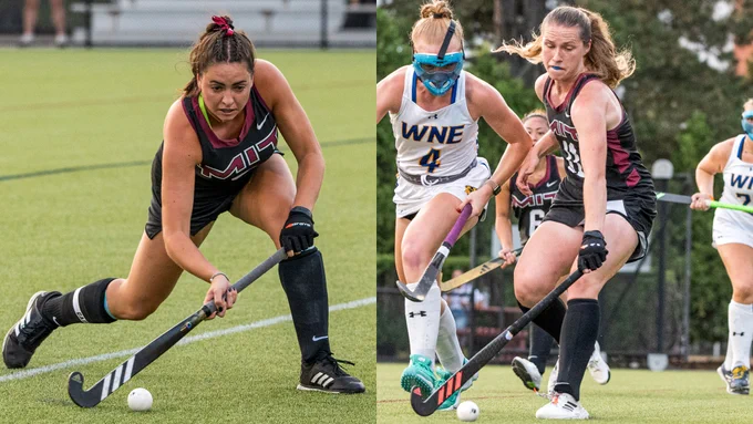 Ashley Lederman and Eva Oppenheim playing field hockey