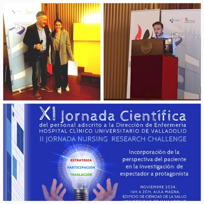 Laura Pajares recibe el premio de la mano de Natán Redondo, por el póster de Conocimientos de RCP en personas con estoma respiratorio y Rodrigo Gil expone su C. Oral sobre Calidad de vida en Laringectomizados pertenecientes a asociaciones de pacientes.
Ambos ponentes, asociados de la @aeeorlcc y enfermeras de la 9N del HCUV de Valladolid 
¡Enhorabuena!