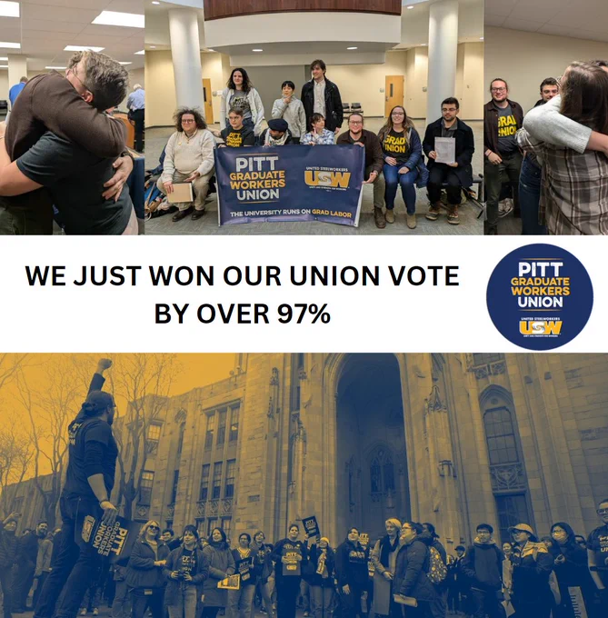 Four photos of Pitt grad workers with the text, "We just won our union vote by over 97%".