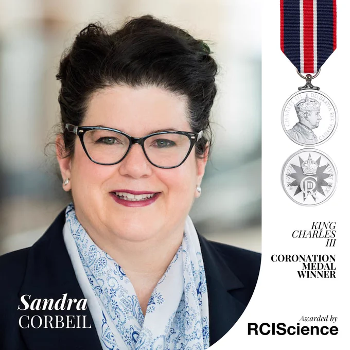 image of Sandra (smiling with glasses on) with her name below, alongside illustrations of the front and back of the round medal which bears the profile of the King, and labelled "Coronation Medla Winner", indicating it is being awarded by RCIScience