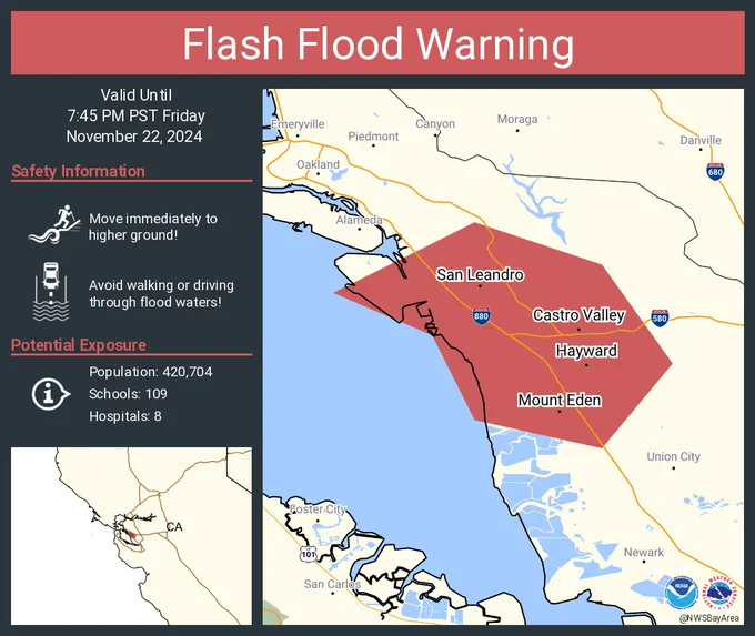 This graphic displays a flash flood warning plotted on a map. The warning is in effect until 7:45 PM PST. The warning includes Hayward CA, San Leandro CA and Castro Valley CA.  This warning is for West Central Alameda County in northern California. Avoid walking or driving through flood waters! Move immediately to higher ground! There are 420,704 people in the warning along with 109 schools and 8 hospitals.