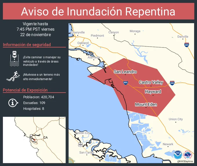 Este gráfico muestra la localización en el mapa de un aviso de inundación repentina. El aviso estará en efecto hasta las 7:45 PM PST. El aviso incluye a Hayward CA, San Leandro CA, Castro Valley CA. El aviso incluye el oeste centro del condado de Alameda en el norte de California. ¡Evite caminar o manejar su vehículo a través de áreas inundadas! ¡Muévase a un terreno más alto inmediatamente! Hay 420,704 personas bajo este aviso incluyendo 109 escuelas y 8 hospitales.