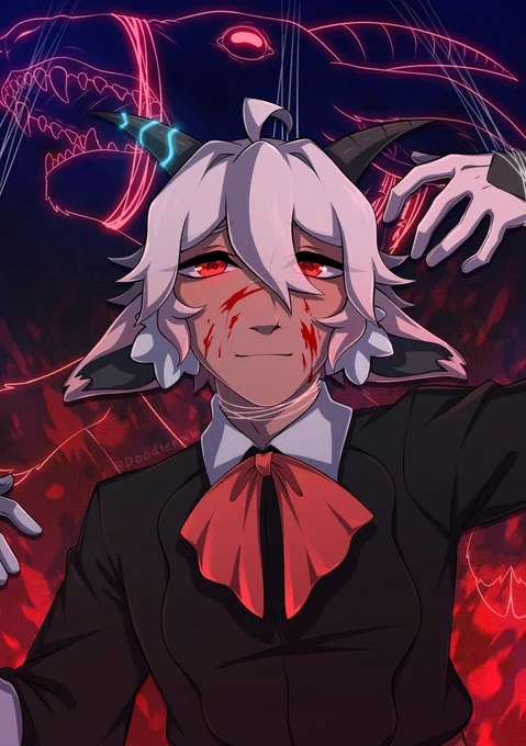 An art illustration of a satyr with white hair and tan skin. He wears ouji lolita style clothing. His hands are held up by wires and his neck also appears to be held up by some, but despite that and the blood on his face he gives a soft smile. He stares at the viewer with bright red eyes, and one of his horns appears broken up and repaired with a glowing blue kintsugi. In the background there is a goat, also wrapped in wires, which has wolf teeth instead of a normal goat's.