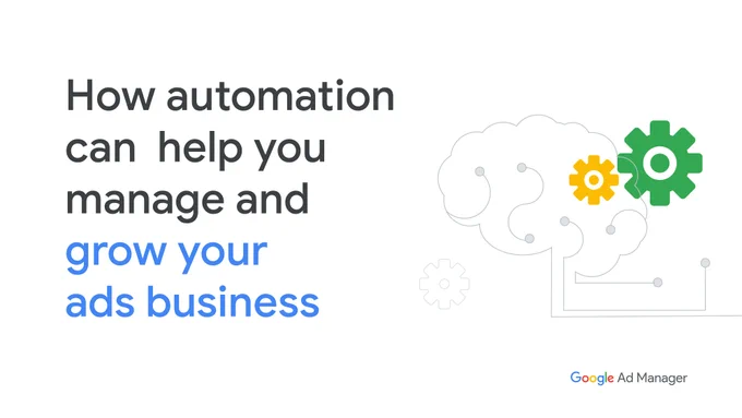 Illustration of interconnected gears within the outline of a cloud, symbolizing automation. The headline reads "How automation can help you manage and grow your ads business" in large text, with a subtext describing how automation supports business growth.