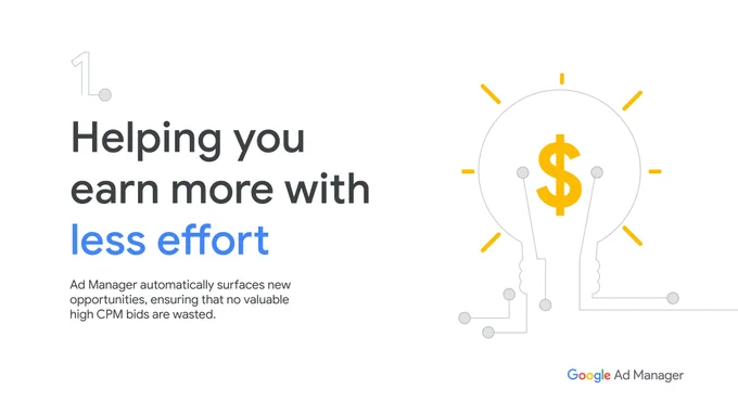 Graphic of a lightbulb with dollar symbols, representing innovation and revenue. The headline states 'Helping you earn more with less effort,' and the subtext highlights how Ad Manager automatically finds new opportunities for high CPM bids.