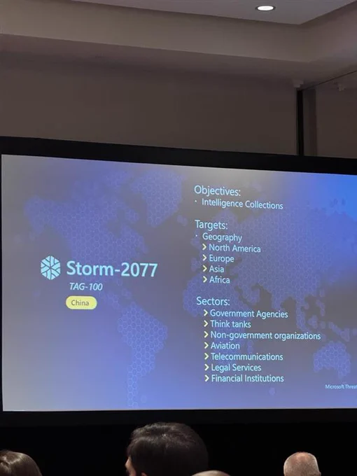 A photo of a screen on stage showing a slide. Slide reads: Storm-2077. Objectives: Intelligence collections. Targets: North America, Europe, Asia, Africa. Sectors: Government agencies, Think tanks, Non-government organizations, Aviation, Telecommunications, Legal Services, Financial institutions.