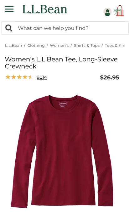 Screenshot of the L.L.Bean website showing the women's long-sleeved crewneck tshirt in the Dark Cranberry color, for $26.95.