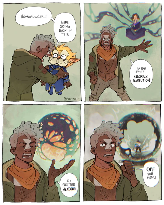 Heimerdinger and Ekko go back in time to the first glorious evolution to get the HEXCORE off the menu