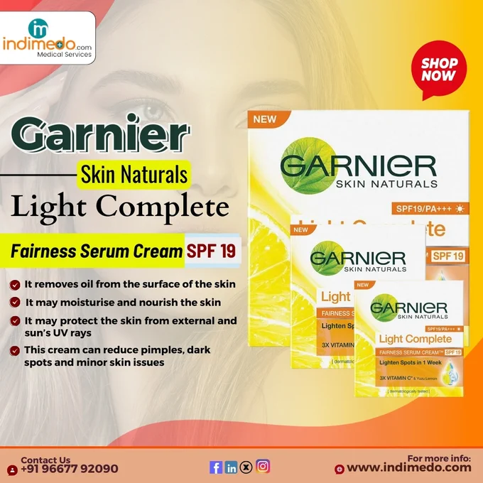 Garnier Light Complete Fairness Serum Cream SPF 19 Garnier Light Complete Fairness Serum Cream SPF 19 is a cream that can improve skin health. It can lighten and brighten the skin to give flawless skin. Moreover, it can reduce skin damage and provide clear and fresh skin.

