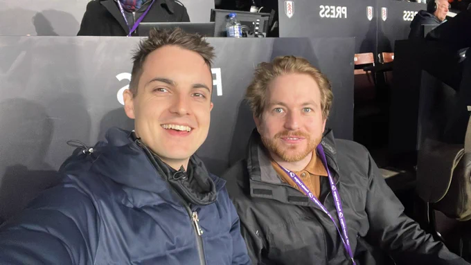 Selfie photo of Jake and Harry at in their commentary position pre kick off