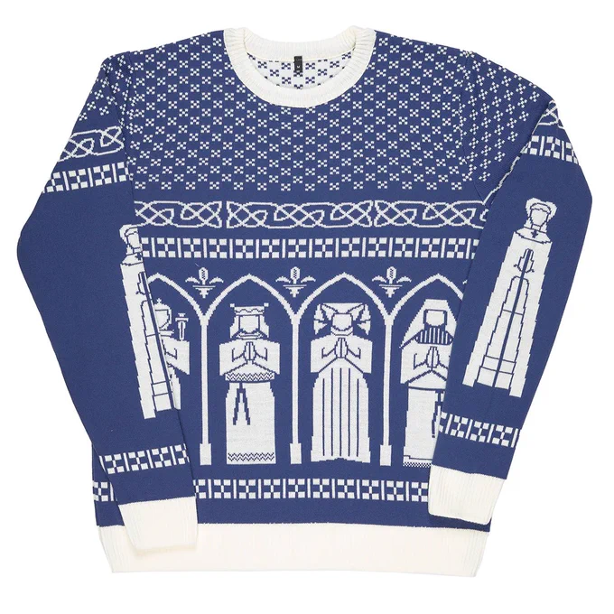 A medieval women-themed Christmas jumper, featuring designs of different women inspired by brass rubbings. 